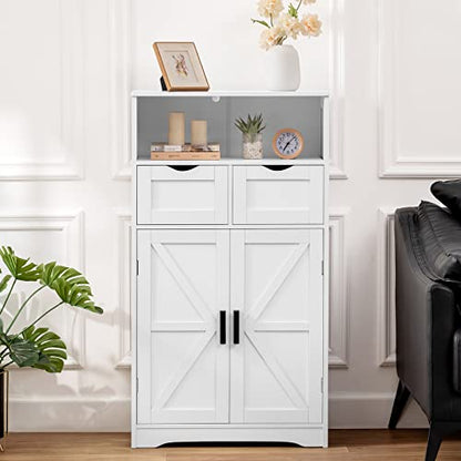 WEENFON Vintage White Floor Cabinet with Barn Doors, 2 Drawers, and Adjustable Shelf for Versatile Home Storage