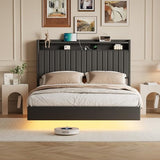 GarveeHome Full Size Floating Bed Frame with RGB LED Lights & Charging Station, Upholstered Platform Bed Frame with Storage Headboard, 50" Tall Headboard Leather Full Bed No Box Spring Needed, Black GarveeHome