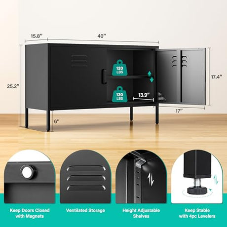 SISESOL Black Metal Storage Cabinet with Doors and Shelves,2 Door Wide Metal Locker Accent Storage Cabinet with Leg & Vent Hole,Wide TV Cabinets,Low Side Cupboard for Home,Office,Dining/Living Room SISESOL