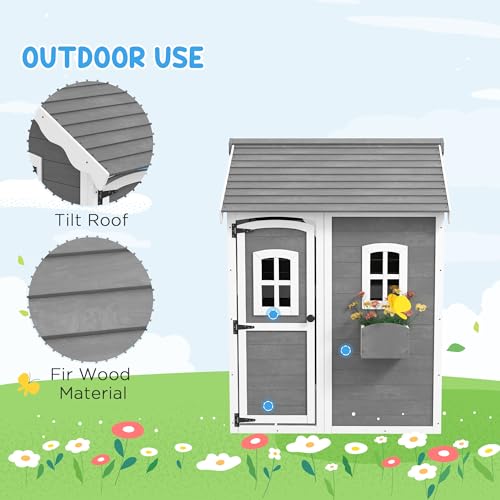 Outsunny Playhouse for Kids Outdoor, Wooden Playhouse with Floors, Doors, Windows, Planter Box, for 3-8 Years Old, Backyard, Lawn, Garden, Gray Outsunny