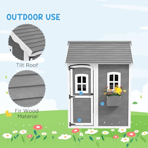 Outsunny Playhouse for Kids Outdoor, Wooden Playhouse with Floors, Doors, Windows, Planter Box, for 3-8 Years Old, Backyard, Lawn, Garden, Gray