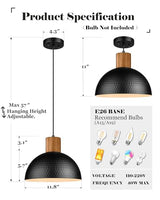 ELYONA Industrial Pendant Light, Rubber Wood Dome Hanging Lamp with 12" Hammered Metal Shade, Modern Pendant Light Fixtures for Kitchen Island, Bar, Farmhouse Dining Room, Bedroom, Hallway - Black ELYONA