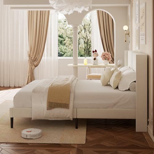 Queen Size Bed Frame with Vertical Chanel Tufted Headboard and Wingback, Upholstered Platform Bed, Strong Wooden Slats, Easy Assembly, Noise Free, No Box Spring Needed, Beige Velvet HAOARA