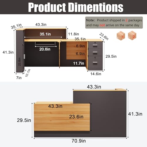 Zethvax L-Shaped Reception Desk,Large Front Desk with Keyboard Tray, Lockable Drawers & File Cabinet, Receptionist Desk for Checkout,Lobby (Right L-Natural Wood/Slate Gray, 71''L x 23.6''W x 41.3''H) Zethvax