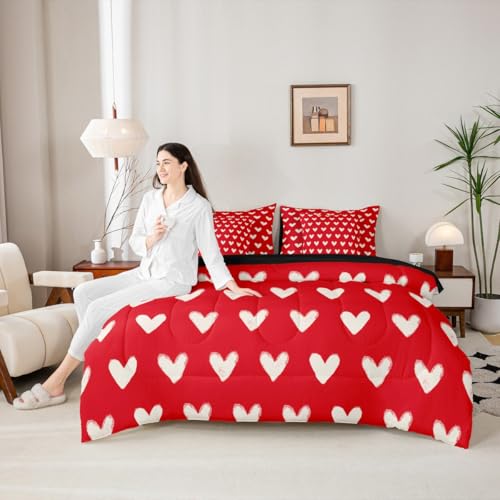 Erosebridal Red White 7 Pcs Comforter Set Twin Cute Heart Pattern Bed in a Bag for Kids Boys Girls Valentine Day Quilt Cartoon Love Geometric Sheet Set Love Heart Soft Warm Bedding Set Bedroom Decor Erosebridal
