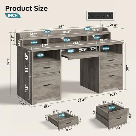 Bestier Farmhouse 59" Executive Desk with Drawers, Wood Computer Desk with Charging Station, Home Office Desk with Keyboard Tray & Monitor Stand, Sturdy Pedestal Desk for Work Study, Grey Bestier