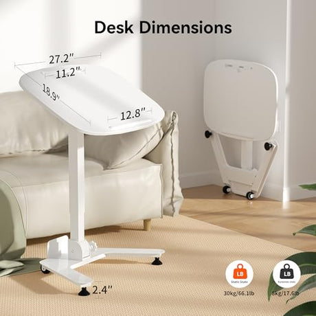 WALKINGDESK Foldable Pneumatic Height Adjustable Mobile Standing Desk with 90° Tiltable Tabletop, 27.2x18.9 Inch Portable Laptop Desk with Wheels, Holds Up to 66.1lbs for Home Office, Study, White WALKINGDESK