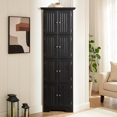 EMOBACO 72" Tall Corner Cabinet, 4-Tier Kitchen Pantry Storage Cabinet with 8 Doors and Adjustable Shelves, Home Farmhouse Bookshelf for Office Bathroom, Living Room, Black EMOBACO