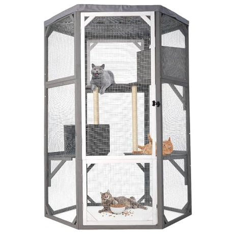 Catio Outdoor Cat Enclosures, Large Wood Cat House, Cat Enclosure Connect to Window with 2 Resting Box, 2 Platforms, 2 Scratching Pole FurrParner