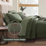 Monbix Queen Comforter Set - 7 Pieces Olive Green Bed in a Bag Queen Bedding Sets with Comforters, All Seasons Comforter Bed Set with Sheets, Pillowcases & Shams Monbix