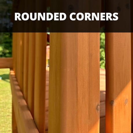 Gorilla Playsets 01-0004-AP Frontier Wood Swing Set with Wood Roof, Tire Swing, Two Belt Swings, Picnic Table, Sandbox, Rock Climbing Wall, Amber Gorilla Playsets