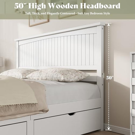 AMERLIFE King Size Solid Wood Bed Frame with 50" Tall Headboard, Mid-Century Modern Bed with Storage Drawers, Clean Wooden Platform Bed, 2 Side Drawers/No Box Spring Needed/White AMERLIFE