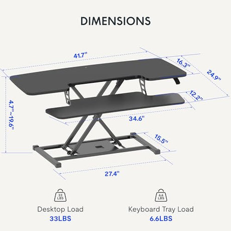 FLEXISPOT Standing Desk Converter 42-inch Spacious Sit to Stand up Dual Monitor and Laptop Riser, Big Size Tabletop Workstation with Large Keyboard Tray, Black FLEXISPOT