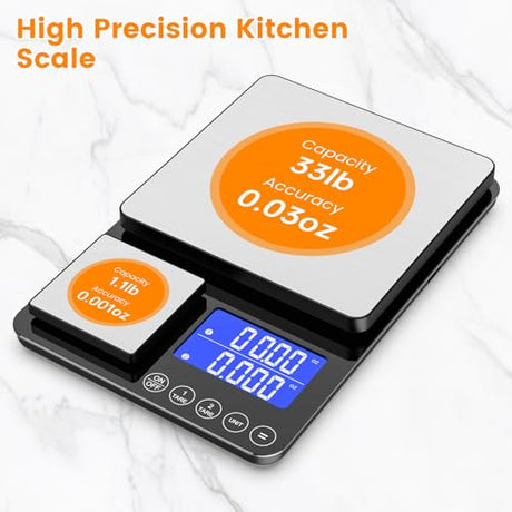 KKZ 0.001oz/33lb Kitchen Scale, Dual Platform Food Scale Grams and Ounces for Weight Loss Baking Cooking Meal Prep Sourdough Bread, Stainless Steel KKZ
