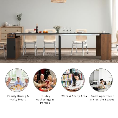 Banzeem Extendable Dining Table with Storage, Transformer Extra Console Table for 1-12 People, Folding Space Saving Dining Room Table with Built-in Outlet for Homes, Apartments, Walnut Black Banzeem