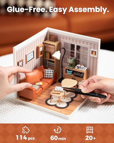 Rolife DIY Miniature Plastic House Building Set Toys Playset with LED Suitable for Mini Figures Construction Toys Diorama Kit Gifts for Adults (Cozy Living Lounge)