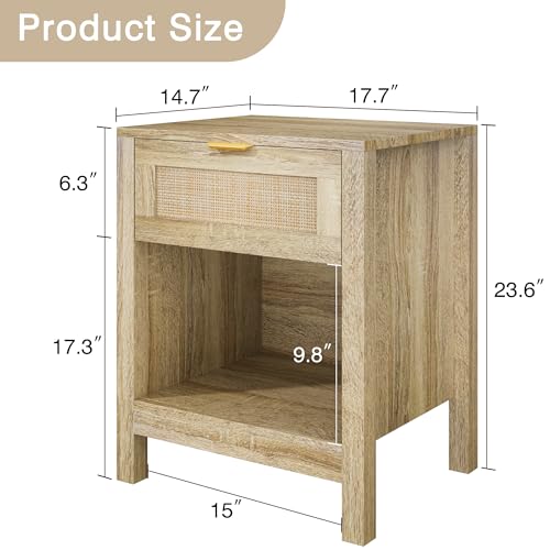 KIGOTY Farmhouse Rattan Nightstand Set of 2, Bedside Table with Drawer,Open Compartment, Side Table with Storage, End Table for Bedroom,Oak KIGOTY