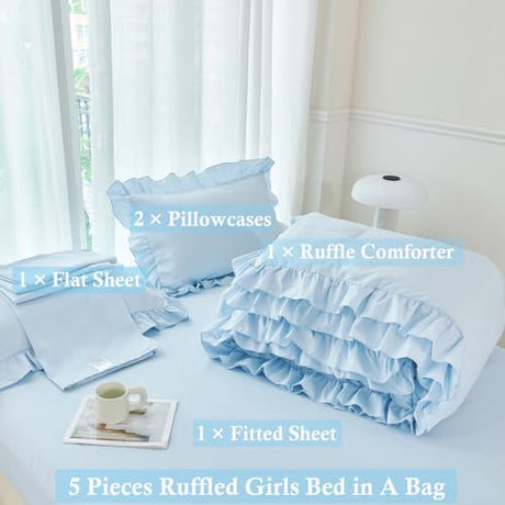 ANGIYUIN 5 Pieces Light Blue Full Bed in A Bag for Kids Girls Ruffle Bedding Sets Boho Comforter Set Vintage Farmhouse Bedding Comforter Sets with Sheets(Light Blue Full) ANGIYUIN