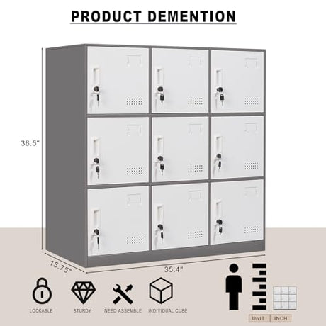 FURSTEL Student Locker Organizer, Multi-Door Steel Locker, Small Locking Cabinet Storage Organizer, Office File Cabinet, Home Locker, Gym Locker, Metal Storage Locker (9 Door, Grey & White) FURSTEL