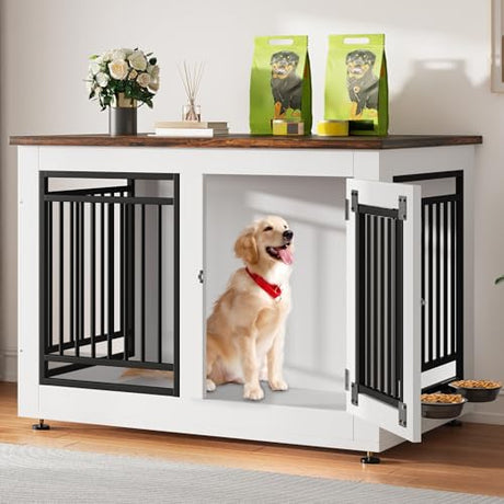 YITAHOME 39" Dog Crate Furniture, Wooden Side End Table with Adjustable Feet and Removable Bowls, Dog Kennel Indoor for Medium Large Dogs YITAHOME