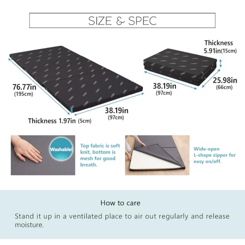 EMOOR 2in Tri-Fold Underlay Mattress for Japanese Futon Mattress Start High Resilience Foam 30D/180N Twin (77x38in) Dark Gray, Tatami Floor Sleeping EMOOR
