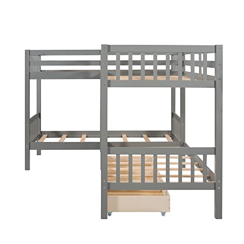 Eafurn 4 Beds Bunk Bed in 1 Design L-Shaped Bunk Bed with Storage Drawers, Solid Wood Twin Size Loft Bed & Twin Over Twin Bunk Bed for Kids Teens Adults Eafurn