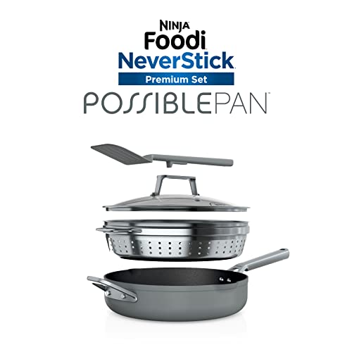 Ninja Foodi NeverStick 4 Quart Pan with Lid, Strainer, & Spatula, Oven Safe, Sea Salt Grey Ninja