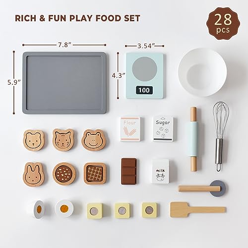 PairPear Wooden Toy Cookies and Baking Set,Kids 28 Pieces Play Food Toy Kitchen Playset,Pretend Play Kitchen Accessories Gift for Boys and Girls 3 Years and up. PairPear