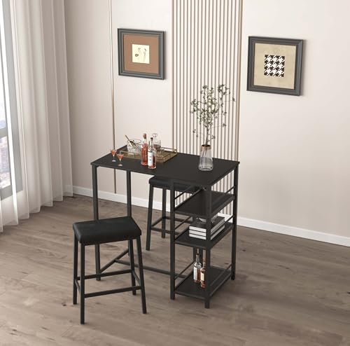 YHUBHSIS 3-Piece Dining Table and Chairs Set, 2-Person Kitchen Table and Chairs Set,with 3 Large Storage Shelves, for Kitchen Breakfast Table, Living Room, Bar, Small Space, Apartment (Black) YHUBHSIS