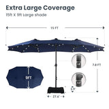 PHI VILLA 15ft Large Patio Umbrella with Solar Lights, Double-Sided Outdoor Market Rectangle Umbrellas with 36 LED Lights, Umbrella Base (Stand) Included, Navy Blue PHI VILLA