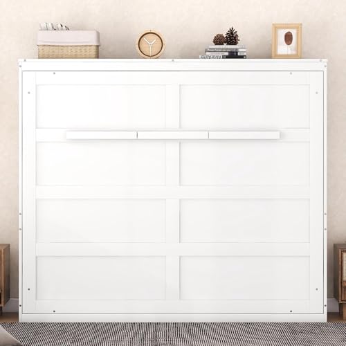 MERITLINE Queen Horizontal Murphy Bed,Wood Space-Saving Folding Farmhouse Murphy Bed Cabinet for Adults,No Box Spring Needed (Queen,White) MERITLINE