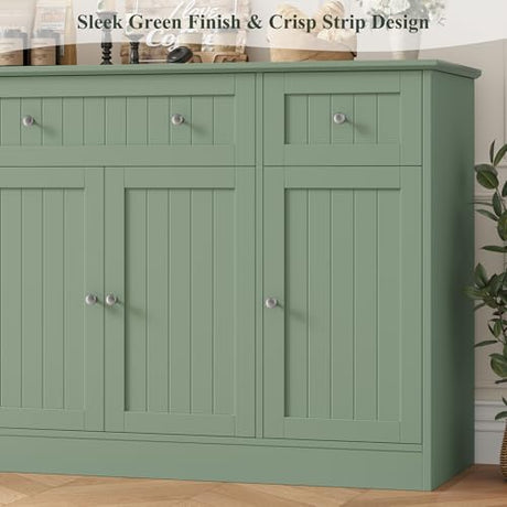 HITHOS 55" Sideboard Buffet Cabinet with Storage, Modern Kitchen Buffet Storage Cabinet with Drawers, Wood Coffee Bar with Adjustable Shelves, Large Sideboard for Kitchen, Living Room, Green HITHOS