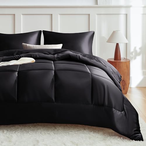 MR&HM King Size Comforter Set Black, Reversible Satin Microfiber Comforter Set for All Seasons, 3 Pieces Non-Slip Silky Soft Bedding Sets with 1 Comforter (104"x90") and 2 Pillowcases (20"x36") MR&HM