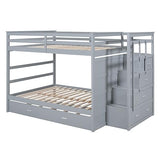 Full Over Full Bunk Bed with Trundle & Drawers & Storage Staircase,Wooden Full Triple Bunk Bed Frame with Full-Length Safety Guardrails and Headboard for Kids Teens Bedroom,Wood Slat Support,Gray Harper & Bright Designs