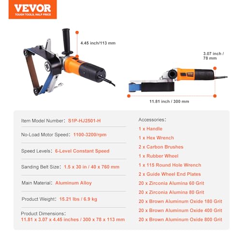 VEVOR Pipe Tube Polisher Sander, 1000W Pipe Belt Sander with 6 Variable Speeds 1100-3200rpm, Professional Belt Sander Grinding Machine with 100PCS VEVOR