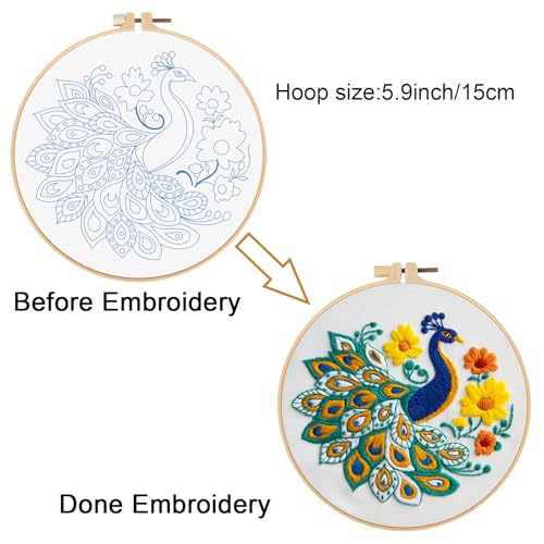 Louise Maelys Peacock Flower Embroidery Kits for Beginners,Cross Stitch Kit for Adults,DIY Needlepoint Kits Including Embroidery Hoop,Instruction and Threads