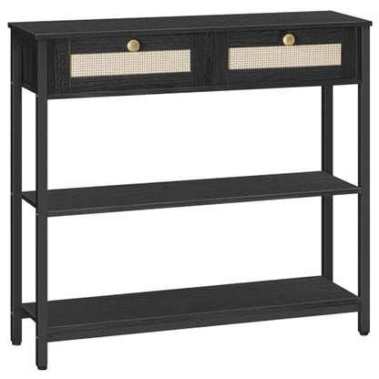 HOOBRO Rattan-Like Narrow Console Table with 2 Drawers, 31.5-Inch Sofa Table with Storage, Open and Hidden Storage Space, Woven Decoration, for Hallway and Foyer, Black BB02XG01 - WoodArtSupply