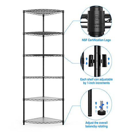 NSF 6-Tier Metal Corner Shelf Wire Shelving Unit - 420 lbs Capacity, Adjustable, with leveling feet & Waterproof Shelf Liners - Ideal for Garage, Kitchen, and More - 72" H x 18" L x 18" D - Black pouseayar