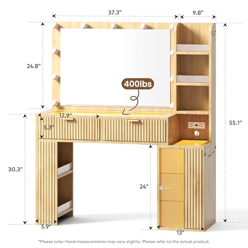 47'' Fluted Makeup Vanity Desk with Large 36" Mirror & Hollywood Bulbs, Smart RGB Lights, Glass Top Vanity with 5 Shelves, 2 RGB Drawers, Acrylic Cabinets, Wood Vanity with Charging Station,Oak DIYSET