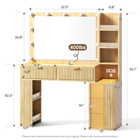47'' Fluted Makeup Vanity Desk with Large 36" Mirror & Hollywood Bulbs, Smart RGB Lights, Glass Top Vanity with 5 Shelves, 2 RGB Drawers, Acrylic Cabinets, Wood Vanity with Charging Station,Oak DIYSET