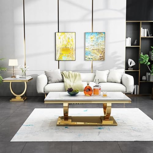 Goujxcy Coffee Tables Set of 4 for Living Room, Marble Console Table & Coffee Table and 2 End Tables Set, Faux Marble Top&Gold O-Shape Steel Base, 4 Pieces Living Room Table Sets for Apartment Office Goujxcy