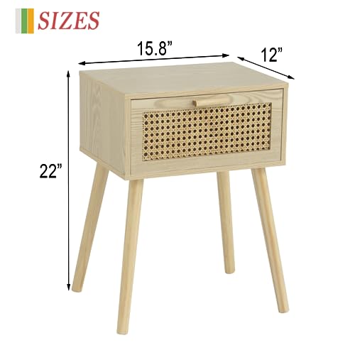 AWASEN Rattan Nightstand, Bedside Table with Rattan Drawer, Wood End Table with Storage and Solid Wood Legs for Bedroom Living Room Small Space (Walnut) AWASEN