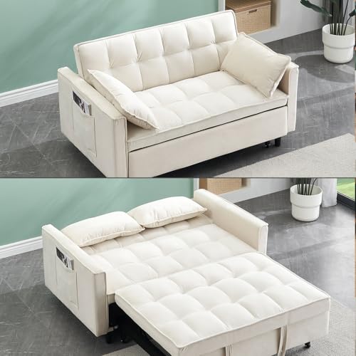3 in 1 Convertible Sleeper Sofa Bed, 55'' Full Size Corduroy Pull Out Futon Couch Recliner with Reclining Backrest & 2 Pillows, Small Loveseat Lounge Couches for Small Spaces (Beige) MWrouqfur