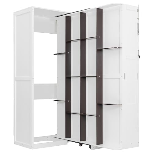 SOFTSEA Queen Murphy Bed with Rotating Frame, Storage Shelves, Foldable Wall Bed Frame with Bookcase, Hidden Murphy Bed Cabinet for Home Office, Guest Room, Space-Saving, White SOFTSEA