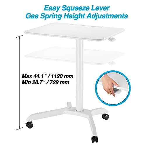 AVLT 44-inch Ambidextrous Pneumatic Laptop Standing Desk Cart (3 ft 8 in), Mobile Rolling Desk with Adjustable Height, Folding Computer & Projector Cart, White Cart with Brakes AVLT