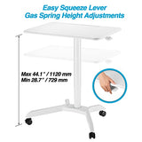 AVLT 44-inch Ambidextrous Pneumatic Laptop Standing Desk Cart (3 ft 8 in), Mobile Rolling Desk with Adjustable Height, Folding Computer & Projector Cart, White Cart with Brakes AVLT