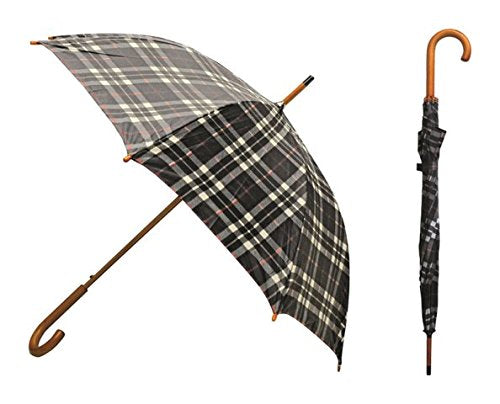 Rainbrella Classic Auto Open Umbrella with Real Wooden Hook Handle, Black Plaid, 46" Rainbrella