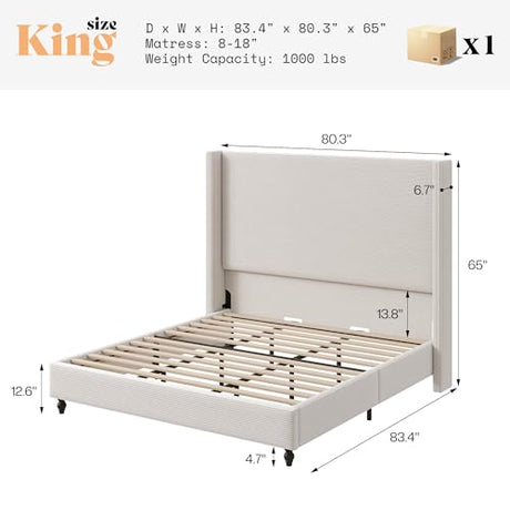 AMERLIFE King Size Bed Frame with 65" Tall Headboard, Upholstered Corduroy Bed Frame with Wingback, Platform Bed with Solid Wood Gourd Legs, Solid Slats, No Box Spring Needed, Cream AMERLIFE