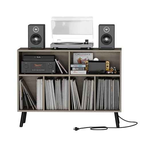 Cozy Castle Record Player Stand with Vinyl Storage Cabinet, Wood Turntable Table Open Shelf Holder Up to 350 Albums Cube Storage Organizer for Living Room, Office, Gray Cozy Castle