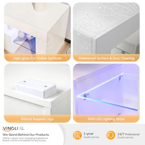 VINGLI LED TV Stand, 71'' Modern Entertainment Center with LED Lights and Storage for 65/70/75/85 Inch TV (White, 71'' x 14'' x 18'') VINGLI